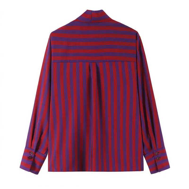 New Autumn 2026 Women's Long Sleeve Shirt Stand Collar Double Lapel Stripe  Knot Business Casual Fashion Top