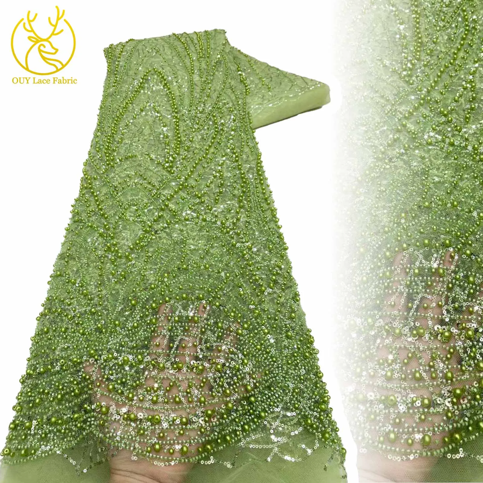 

African Handmade Heavy Beaded Glitter Sequin Lace Fabric 2025 High Quality Green French Wedding Dress Tulle Lace Fabric Sewing