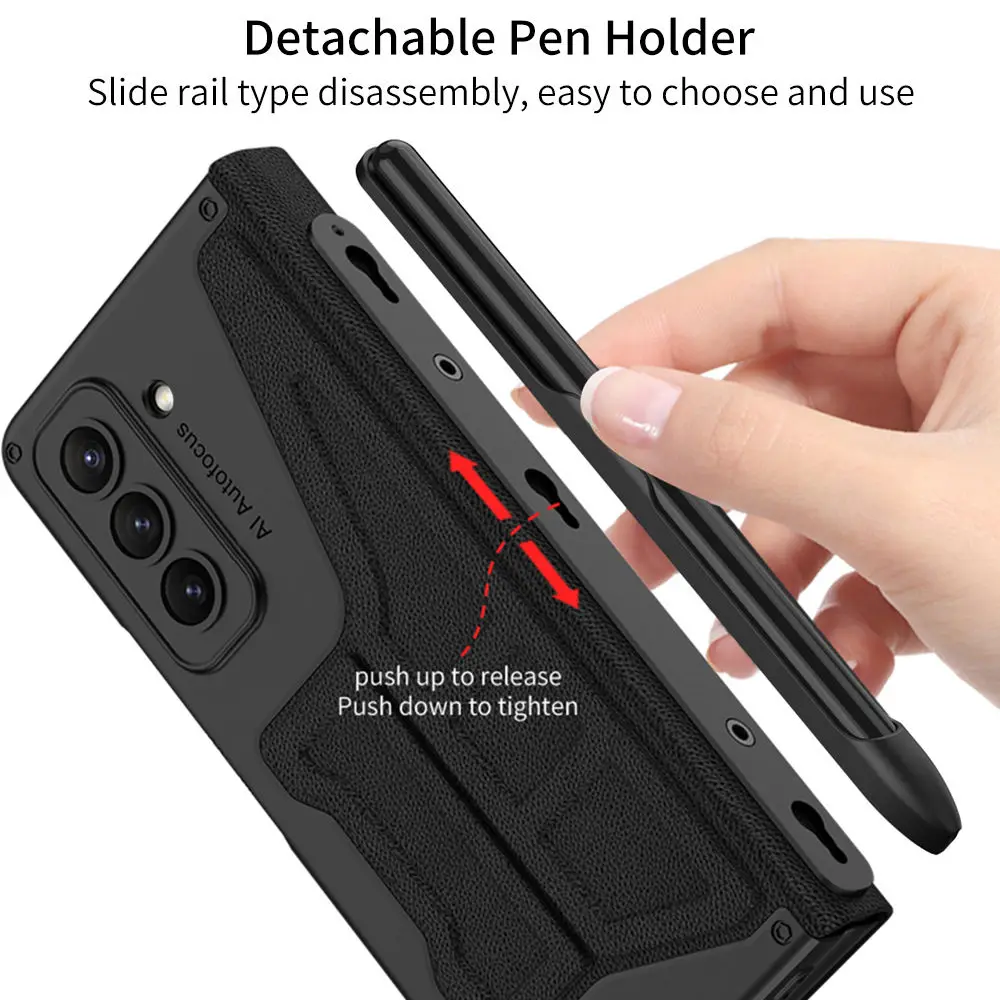 for Samsung Galaxy Z Fold 5 Warrior Leather Case Shell-membrane Integration with Detachable Pen Holder Anti-drop Cover