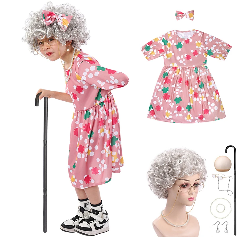 Child Grandma Granny Comical Halloween Fancy Dress Up Pink Old Woman Old Lady Costume For Book Day Party