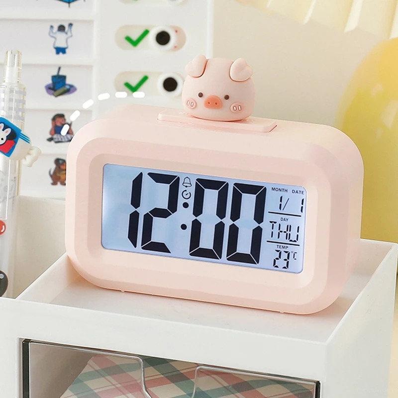 Cute Cartoon Mini Digital Alarm Clock Backlight Snooze Mute Calendar Clock Desktop Table Clocks Temperature Electronic LED Clock