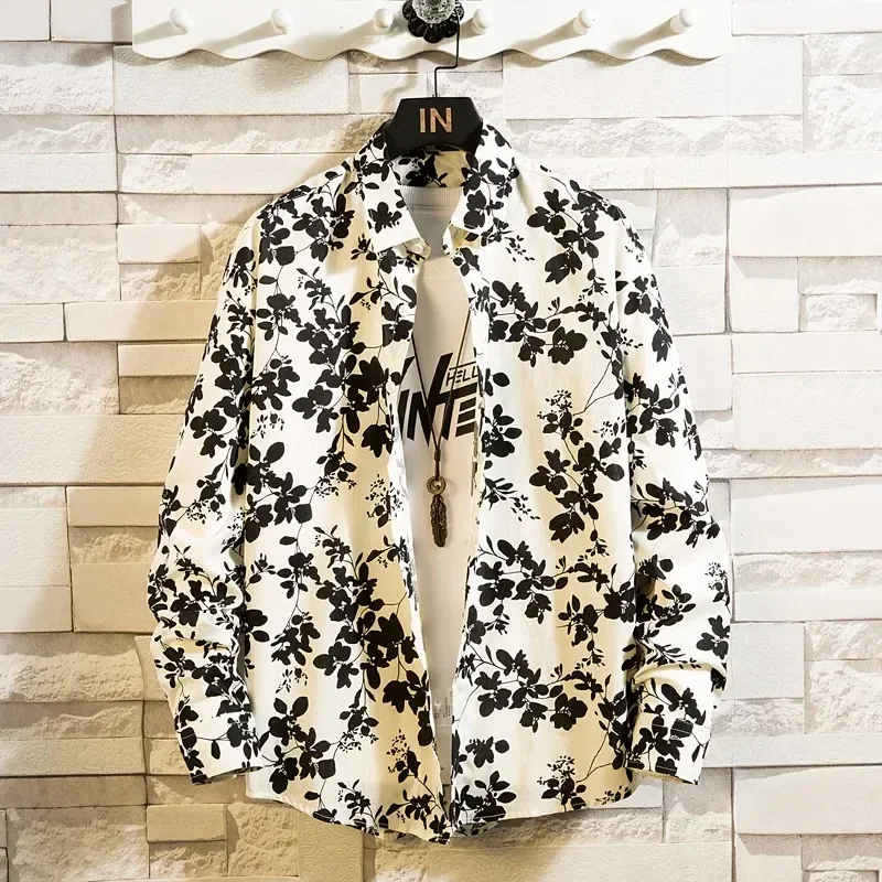 Autumn New Rose Mens Shirt Hawaiian Casual Printing Slim Long Sleeve Turn-Down Collar Button Party shirt