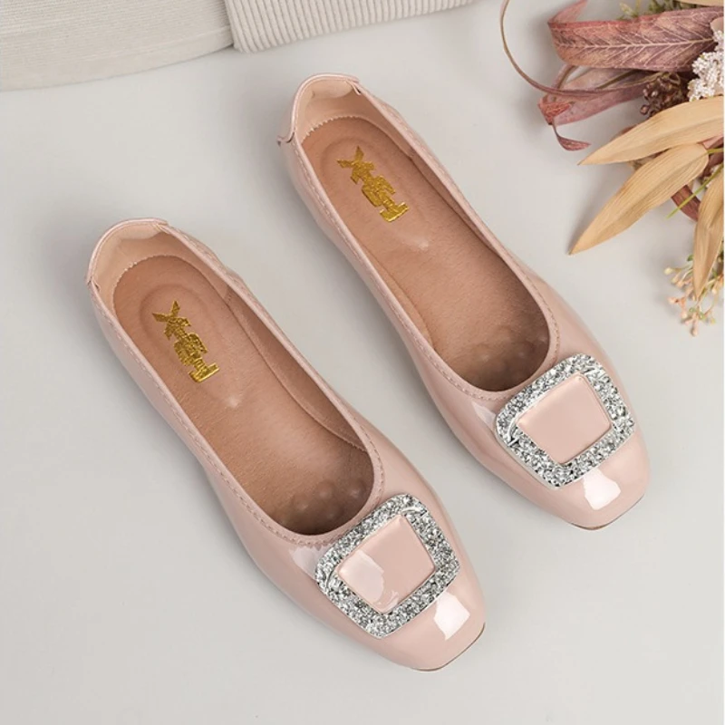 Moccasin Shoes Crystal Female Footwear Elegant Buckle Shallow Mouth Moccasins Rhinestone Dress Comfortable Summer Single Shoes view 2