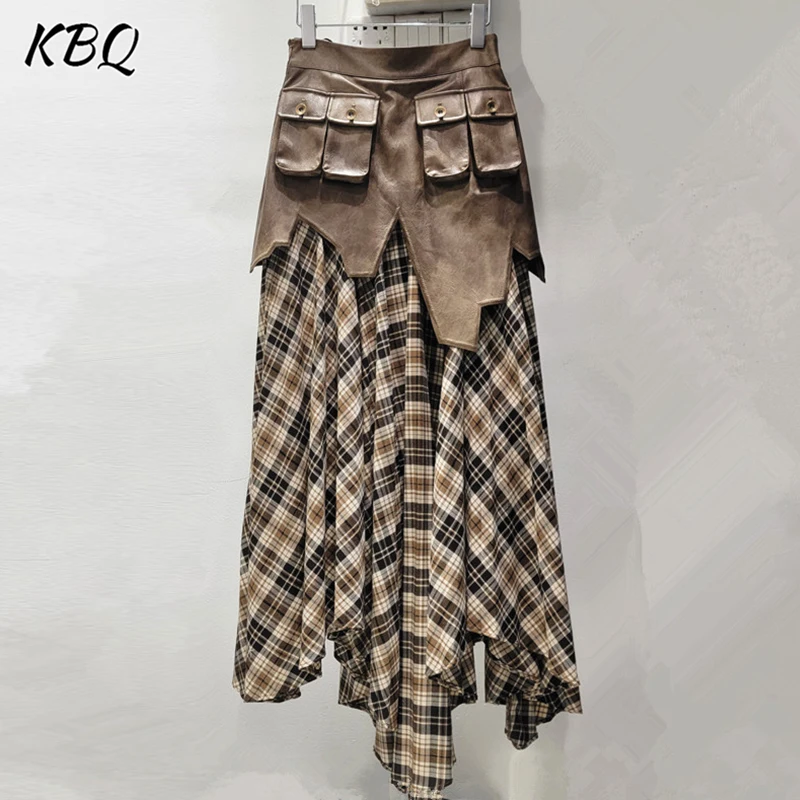 KBQ Colorblock asimétrico Plaid Printing Chic falda para mujer cintura alta Patchwork bolsillo calle alta faldas de moda femenina