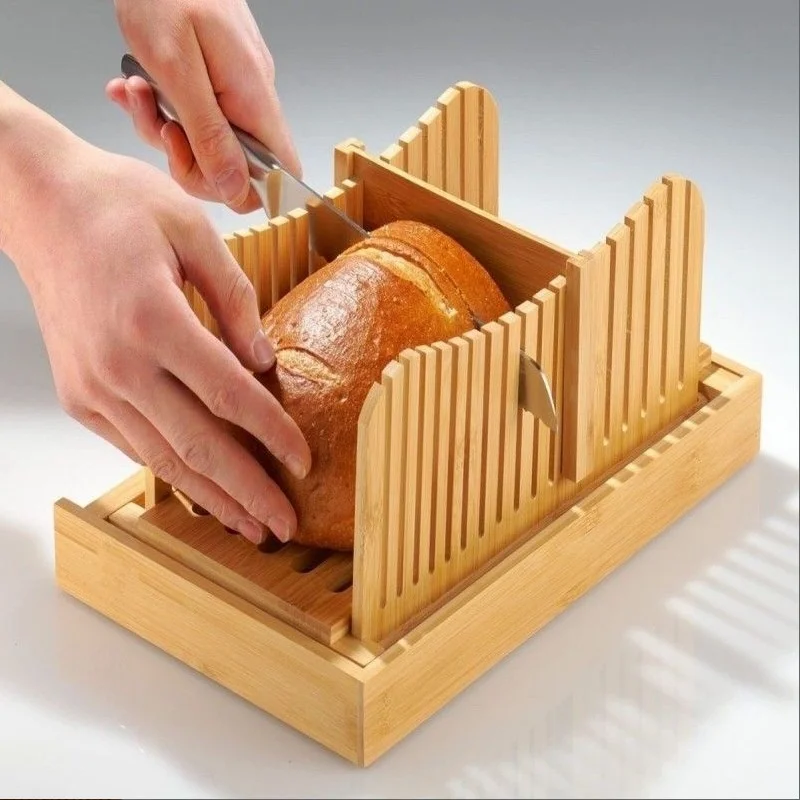 

Bamboo Bread Slicer Cutting Bread and Toast Slicer Adjustable Thickness With Tray for Holding Breadcrumbs Baking Supplies