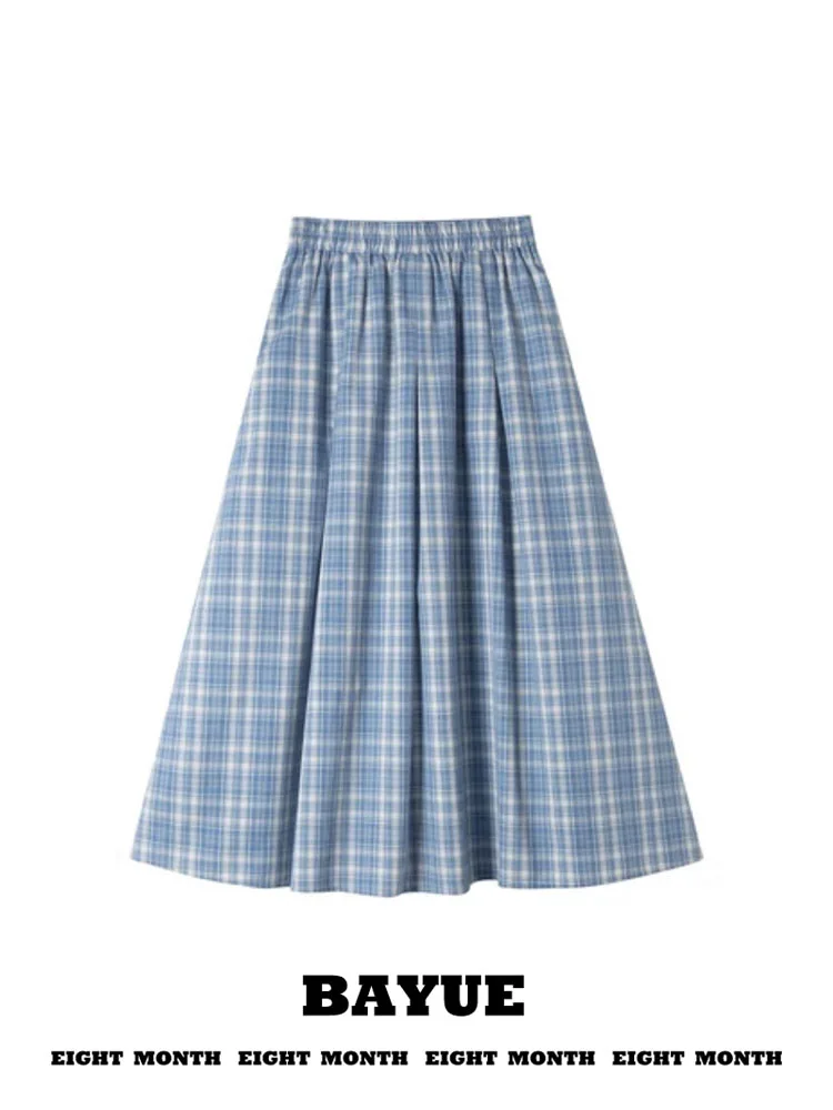

Retro Blue Plaid Long A-Line Skirt Women's Autumn Winter Loose Slimming High Waist Umbrella Skirt City Commute Casual Dress