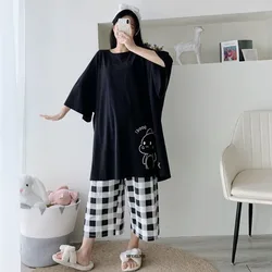 Conjunto feminino de pijama manga curta com gola O, tops e calças, preto, pijamas doces, terno de verão, plus size 6XL, 150kg