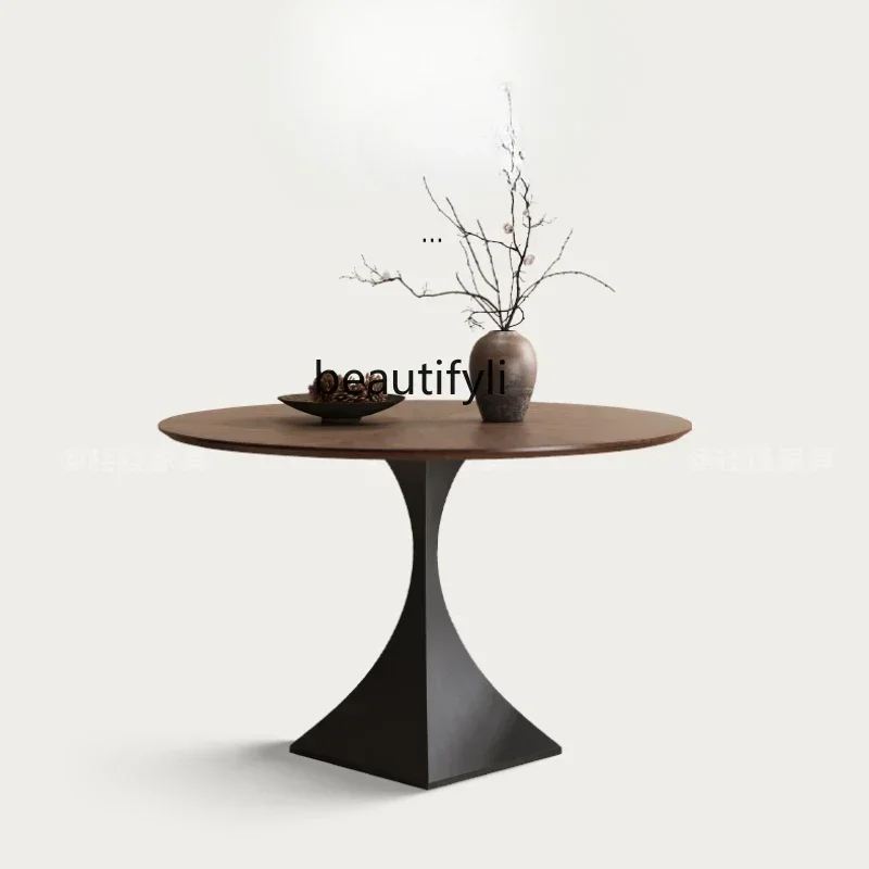 French round dining table small apartment black walnut veneer solid wood round dining table