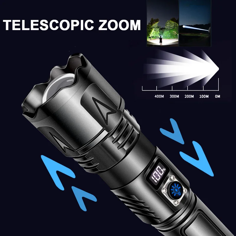 600W High Power White LED Flashlight Waterproof Long-range Outdoor Searchlight Aluminum Zoom Light Digital Display USB Charging