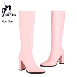 Autumn Winter Women Pointed Toe Side Zip Knee High Boots 2024 New Fashion Square Heels Pink Party Long Shoes Motorcycle Boots