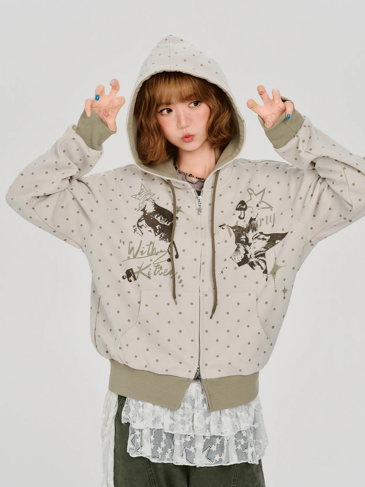 Girlyhalo American Retro Polka Dot Hoodie Jacket Women's Loose Casual Top Color Block Autumn New Style Ladies Fashion