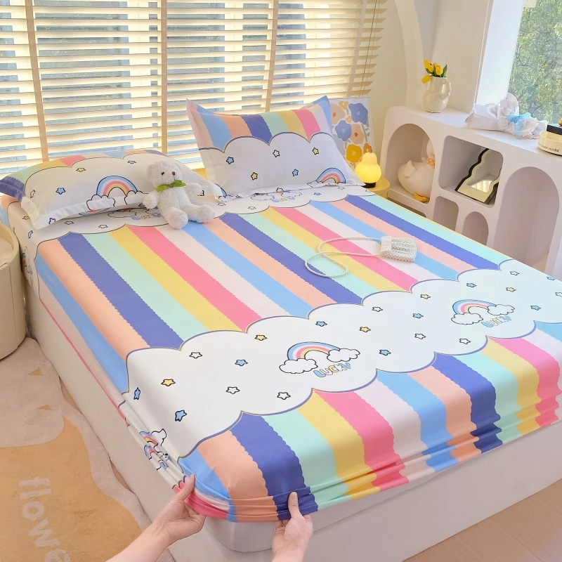 

Printed Sheet Is Tasted The Fitted Plant Cashmere Bed Cover Cartoon Striped Plaid Mattress Skin Friendly with Elastic Bedding