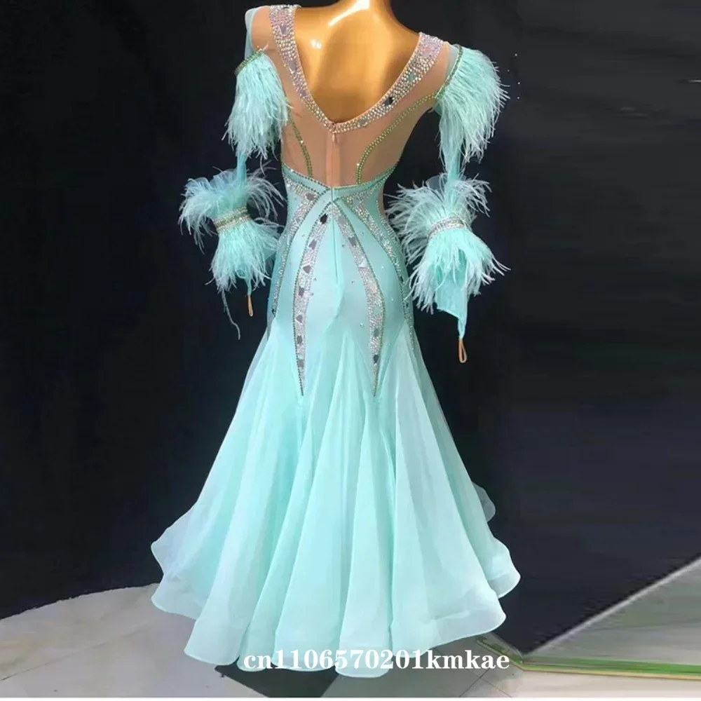 

Mint Green Ostrich Feather Ballroom Dance Dress, Women's Long Sleeve Rhinestone Waltz Competition Gown