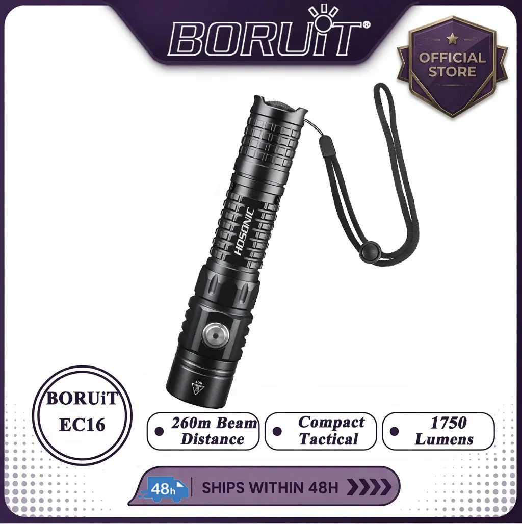 BORUiT 1750LM 260M Powerful Mini Flashlight EDC Rechargeable Torch Waterproof Outdoor Camping Emergency Tactical Flashlight