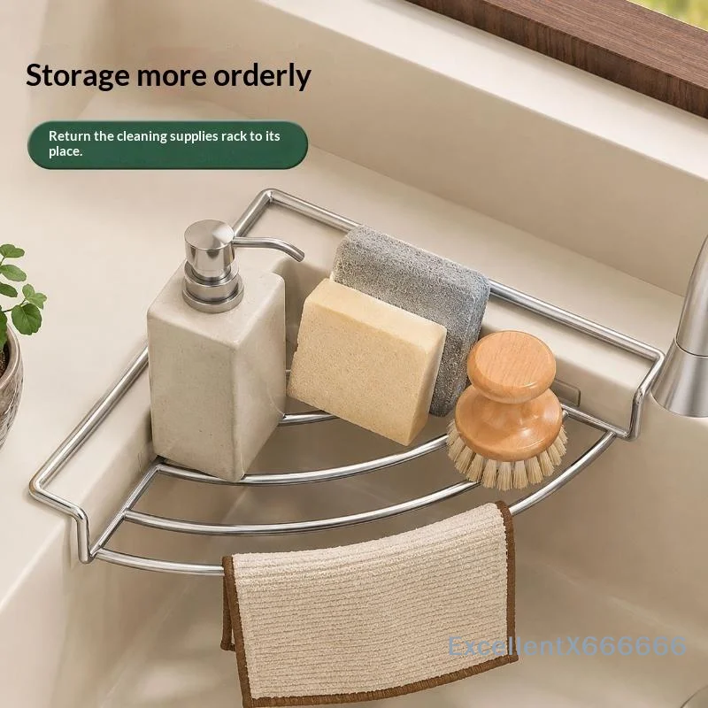 Stainless Steel Sink Corner Drain Rack Punch-free Rustproof Storage Holder for Dishcloth Sponge Kitchen Organizer