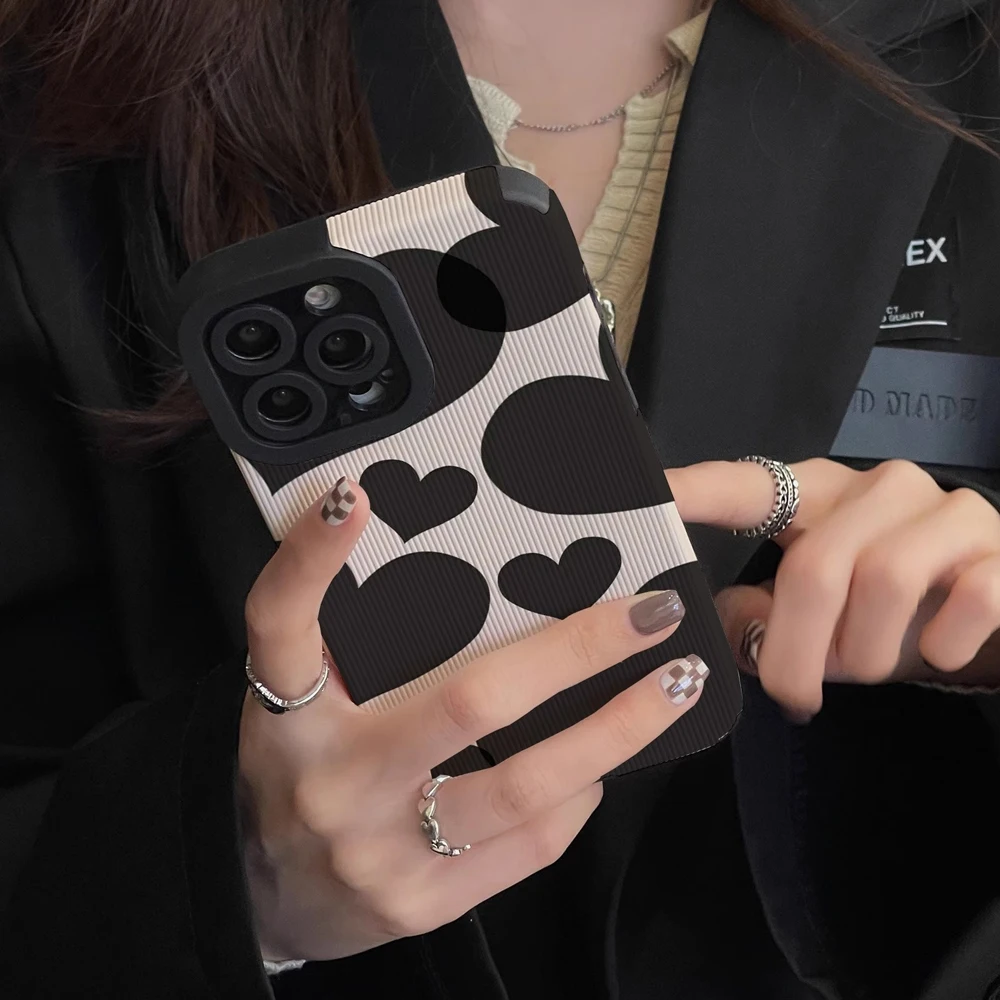 Fashion Black Love Heart Leather Silicone Case For iPhone 15 11 12 14 Pro Max 13 Mini SE 7 8 Plus X XS XR Shockproof Full Cover