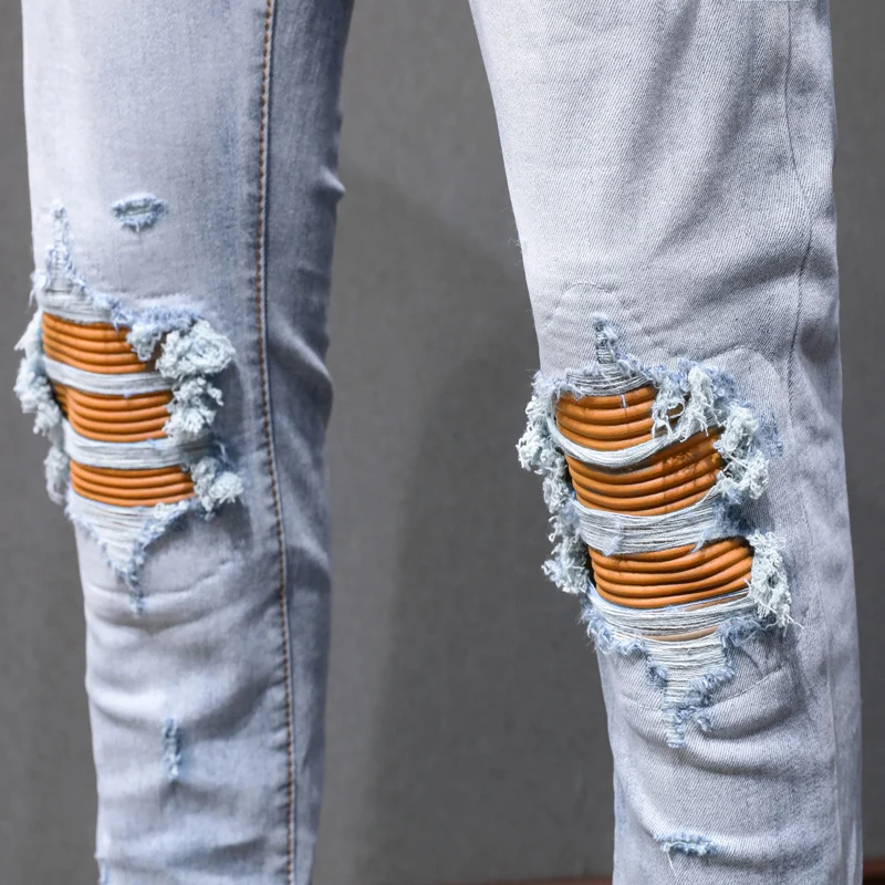 fashion newY2K jeans stretch slim fit ripped holey2k white patch washed nostalgic retro light blue jeans high street designer