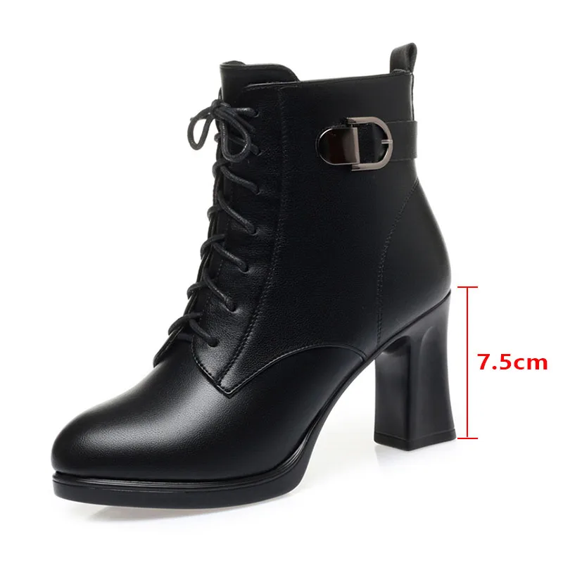 Women Mon Cotton Shoes Retro Lace Up Chunky High HeelsAnkle Boots Korean Version Black Warm Platform Short Boots Botas De Mujer