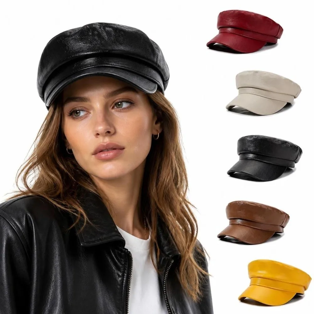 Vintage Solid Color Newsboy Cap Adjustable Short Brim Peaked Cap PU Leather Octagonal Hat For Women