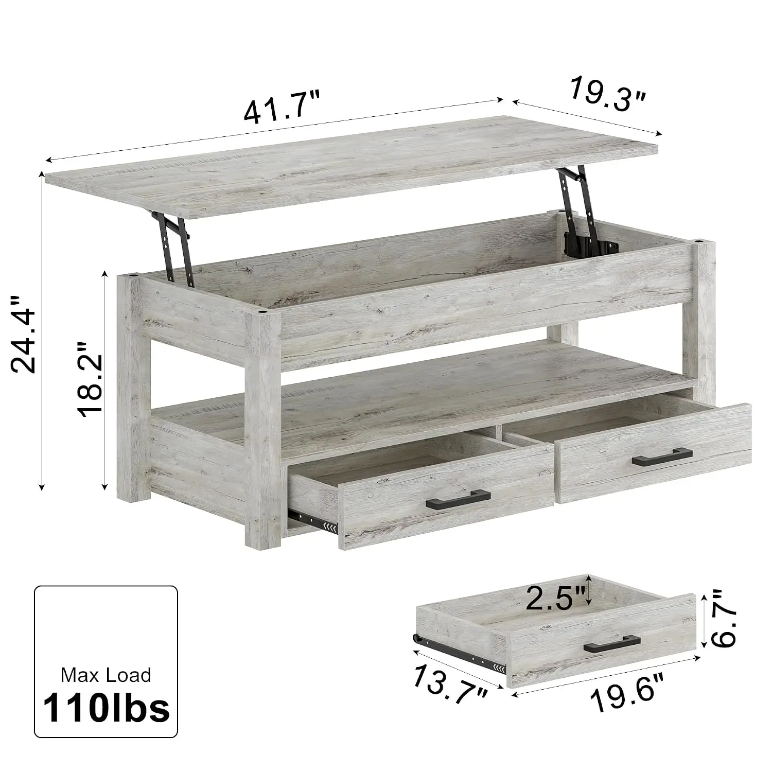 Mid-Century Modern Lift Top Coffee Table With Hidden Storage & 2 Drawers Gray Wood For Living Room Home Office, Customized