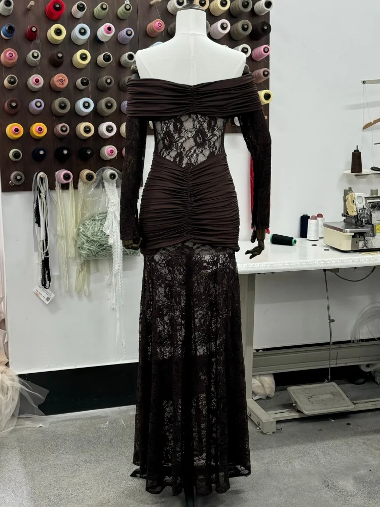 فستان سهرة طويل من الدانتيل بدون أكتاف باللون البني من VC للنساء - فستان حورية البحر مكشكش من الدانتيل الشفاف بأكمام طويلة للحفلات #4