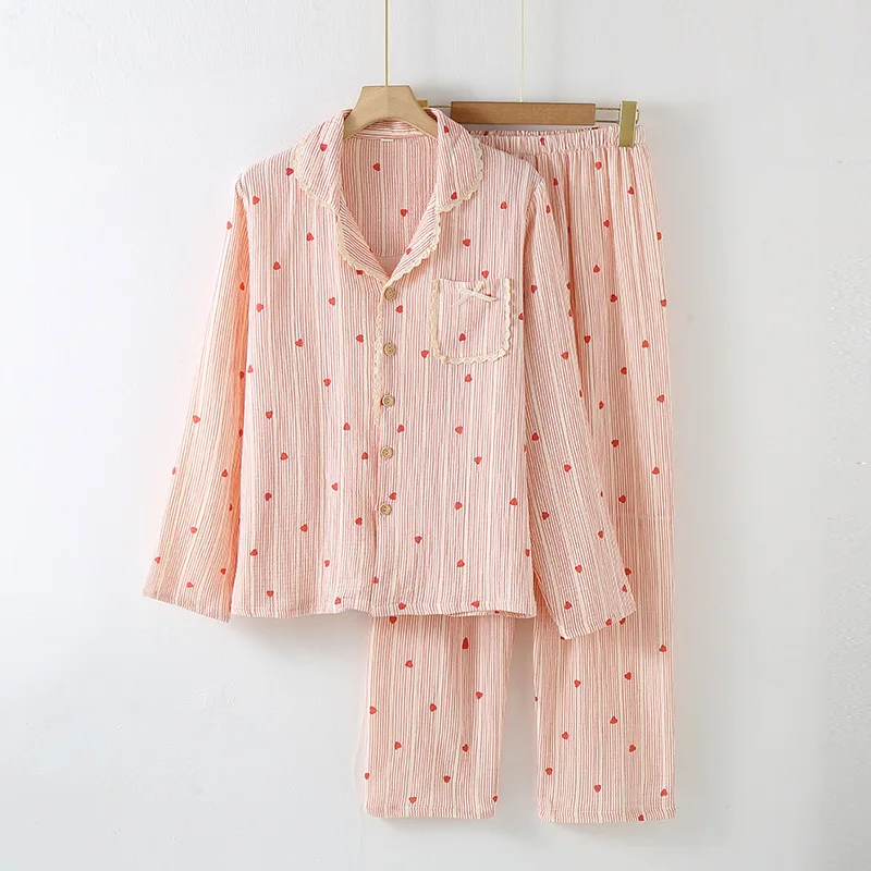 Cotton Pajamas for Spring and Autumn Women 2024 Pink Small Heart Printed 2 Pcs Home Clothes Long Sleeved Pants Pajamas Set