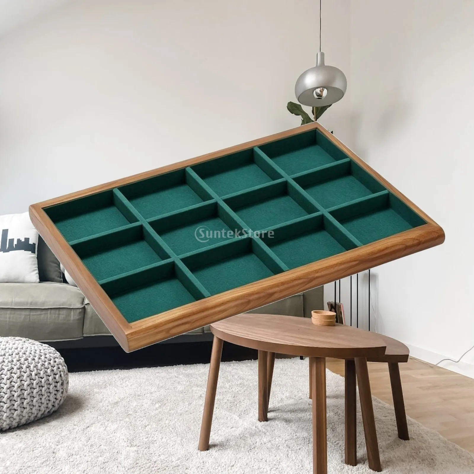 Wooden Compartment Jewelry Organizer Tray for Rings Necklaces Pendants Storage Display on Counter Shelf Studio