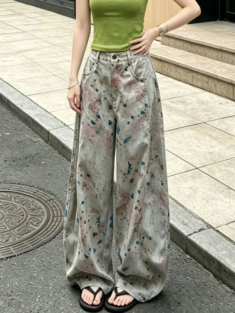 Y2K Streetwear Vintage Jeans Women Summer Ink Wash Blending Wide Leg Denim Pants Korean Hottie High Waist Loose Straight Trouser