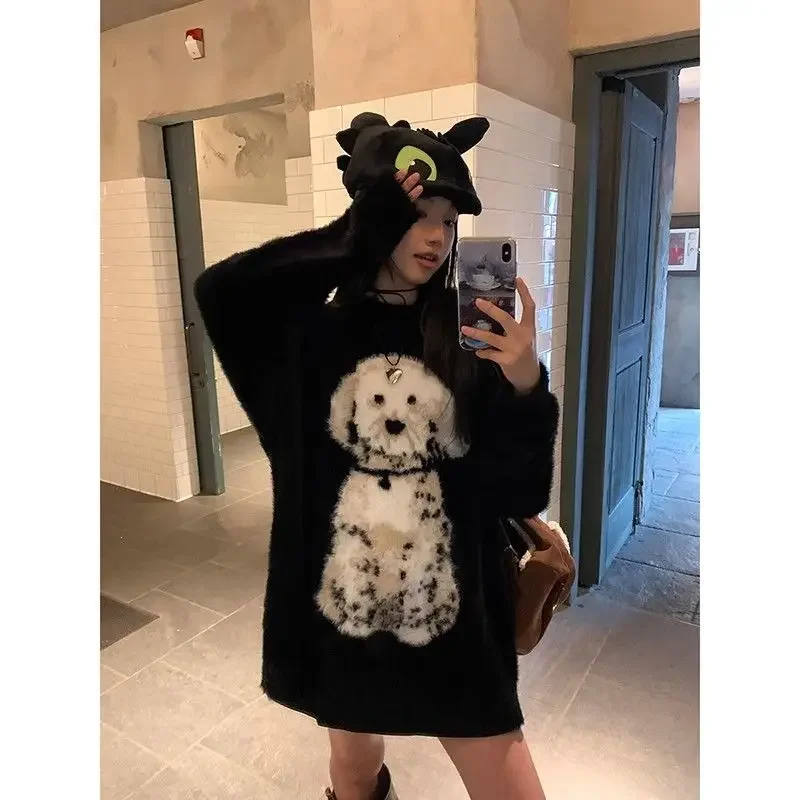 Black O-Neck Sweater High Street Y2k cartoon dog jacquard Sueter Mujer American vintage Pullovers Women knitted