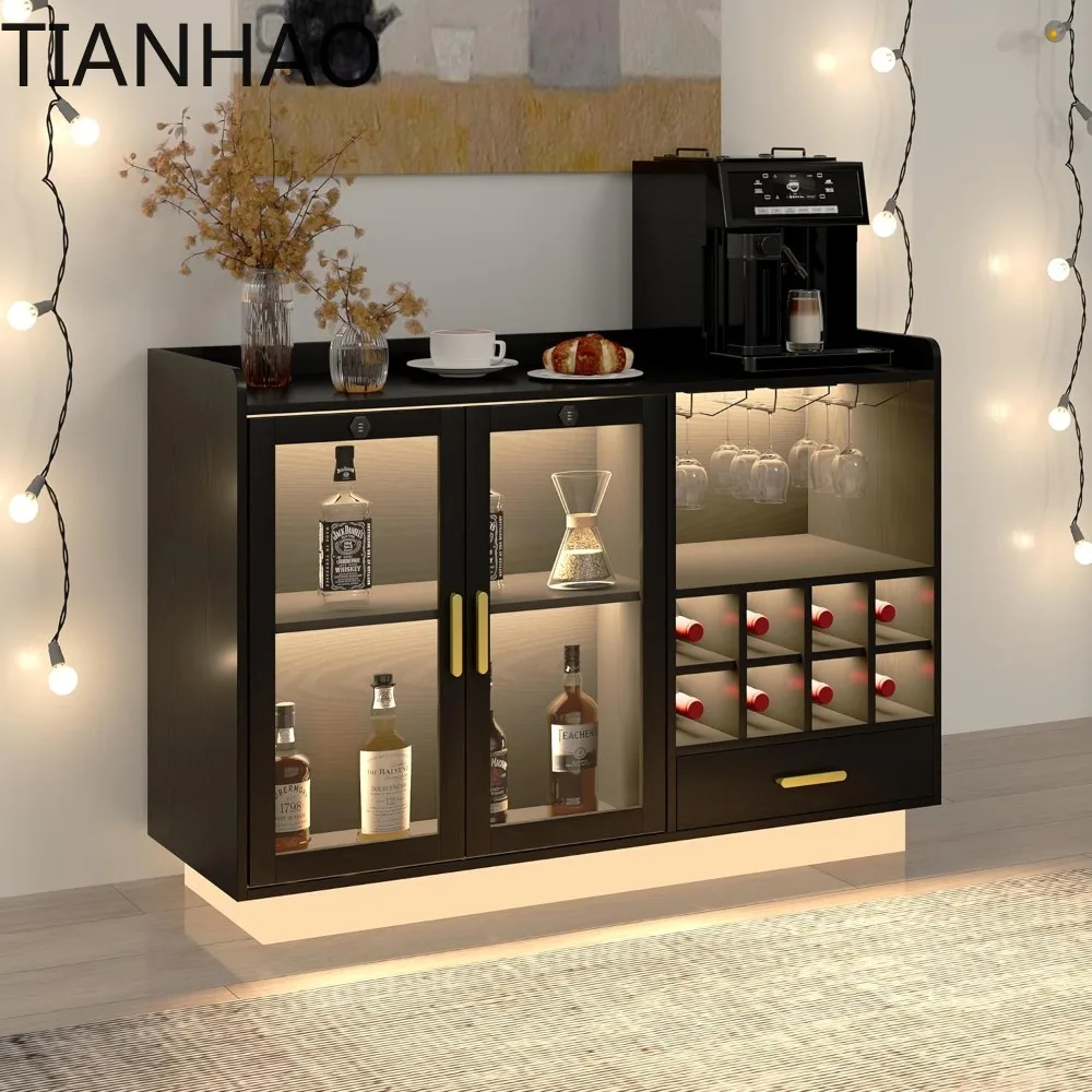 Modern Wine Bar Cabinet with LED Light & Locked Glass Door, Floating Coffee Bar with Power Outlets & Glass Rack