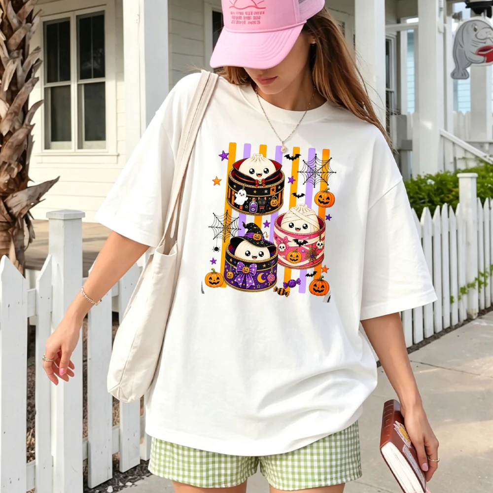 Halloween T-Shirt Cute Ghost Mummy Vampire Bun in Pot Print Tee Casual Short Sleeve Top Halloween Party Costume for Women Girls