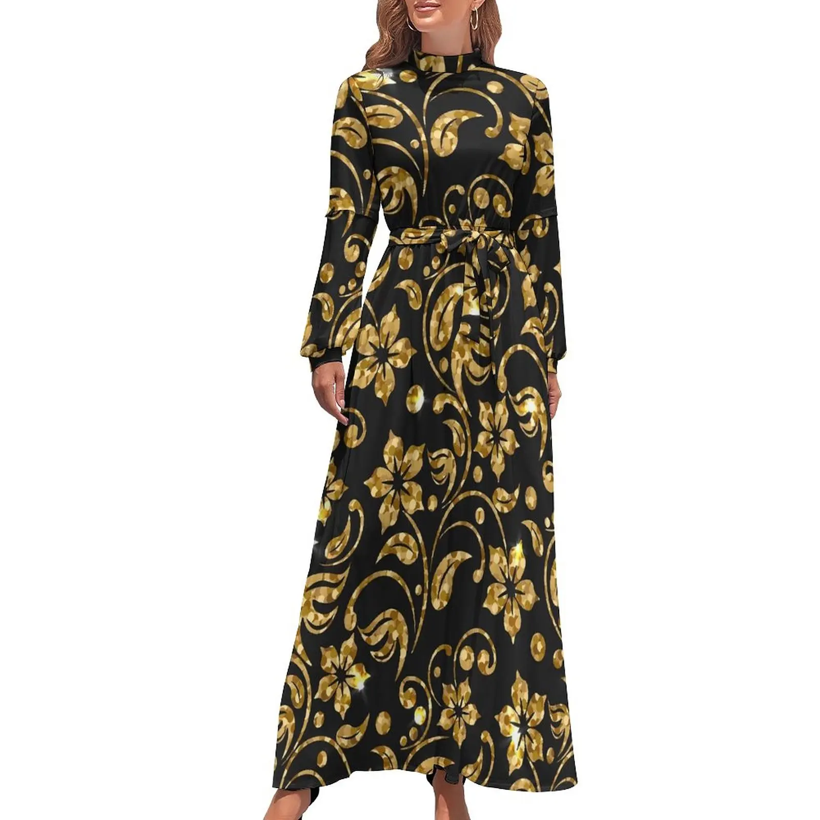 Retro Baroque Dress Gold Floral Sexy Maxi Dress Street Style Boho Beach Long Dresses High Neck Custom Vestidos