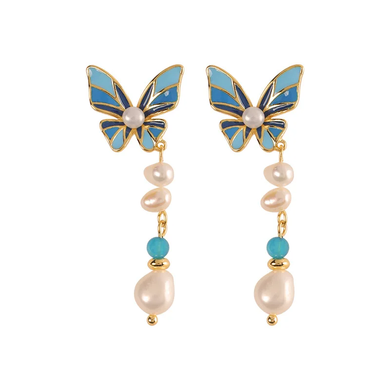 

2024 New Arrival Niche Design Pink Flower Blue Butterfly Drip Oil Earrings for Women Retro Temperament Long Pearl Tassels Boho