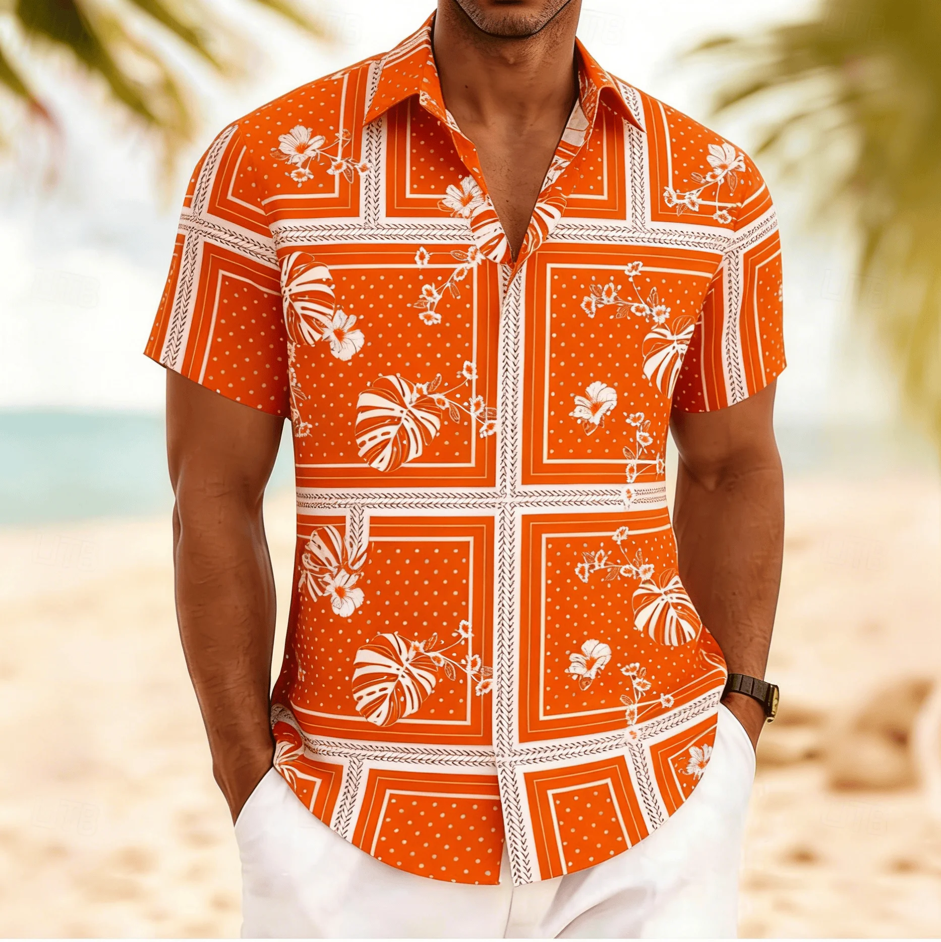 Men's Polka Dot Plaid Tropical Monstera Floral Print Short Sleeve Shirt,Summer Vintage Vacation Blouse, Loose Casual Top