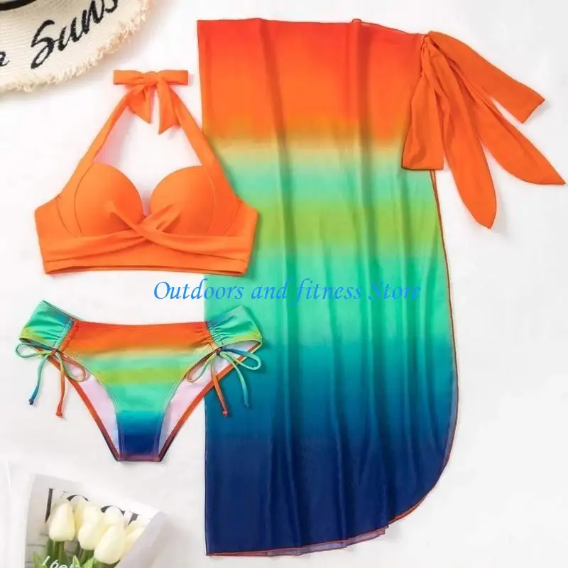 H053 High Cut Swimsuit for Women-Gradient Halter Bikinis Set 3 Pieces Bathing Suits