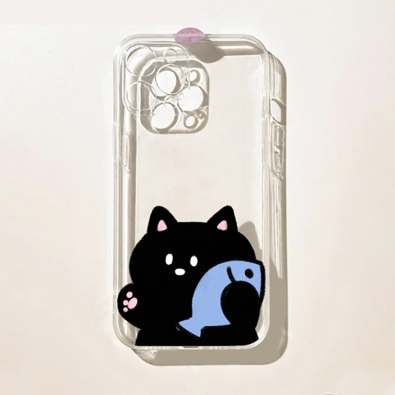Transparent Cute Animal Cat Fish Couple Phone Case For iPhone 16 15 14 13 12 11 Pro Max Plus 17 Air 13Mini Shell Cover Fundas