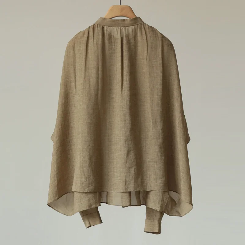 New Exquisite High-count Linen Loose Temperament Stand-up Collar Solid Color Shirt