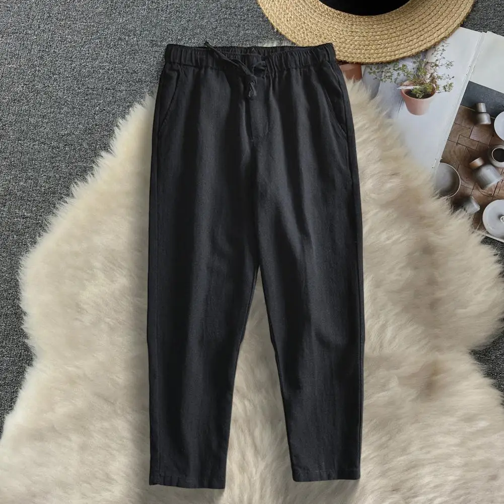 

Men Pants With Side Pockets Drawstring Elastic Waist Straight Loose Pure Color Daily Sport Trousers For Vacation Travel School