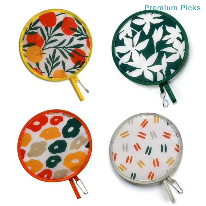 Foldable Round Hand Fan Cute Colorful Printed Portable Hanging Chain Lightweight for Summer Beach Travel Outdoor Activities