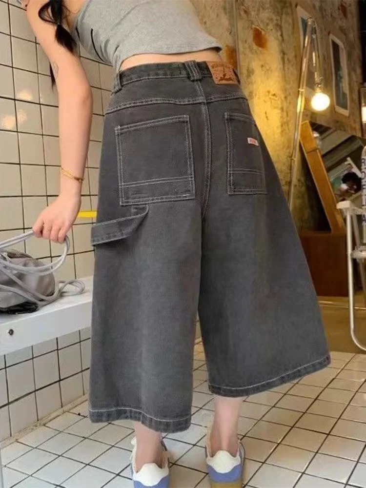 plus Size American Retro Washed Grey Loose Wide Leg Jeans Women Summer Versatile Straight Leg Slimming Seven-Foot Pants