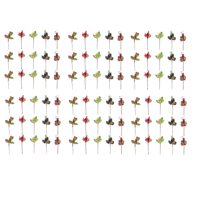 

ABJN-90Pcs Red Christmas Berry And Pine Cone Picks With Holly Branches For Holiday Floral Decor Flower Crafts