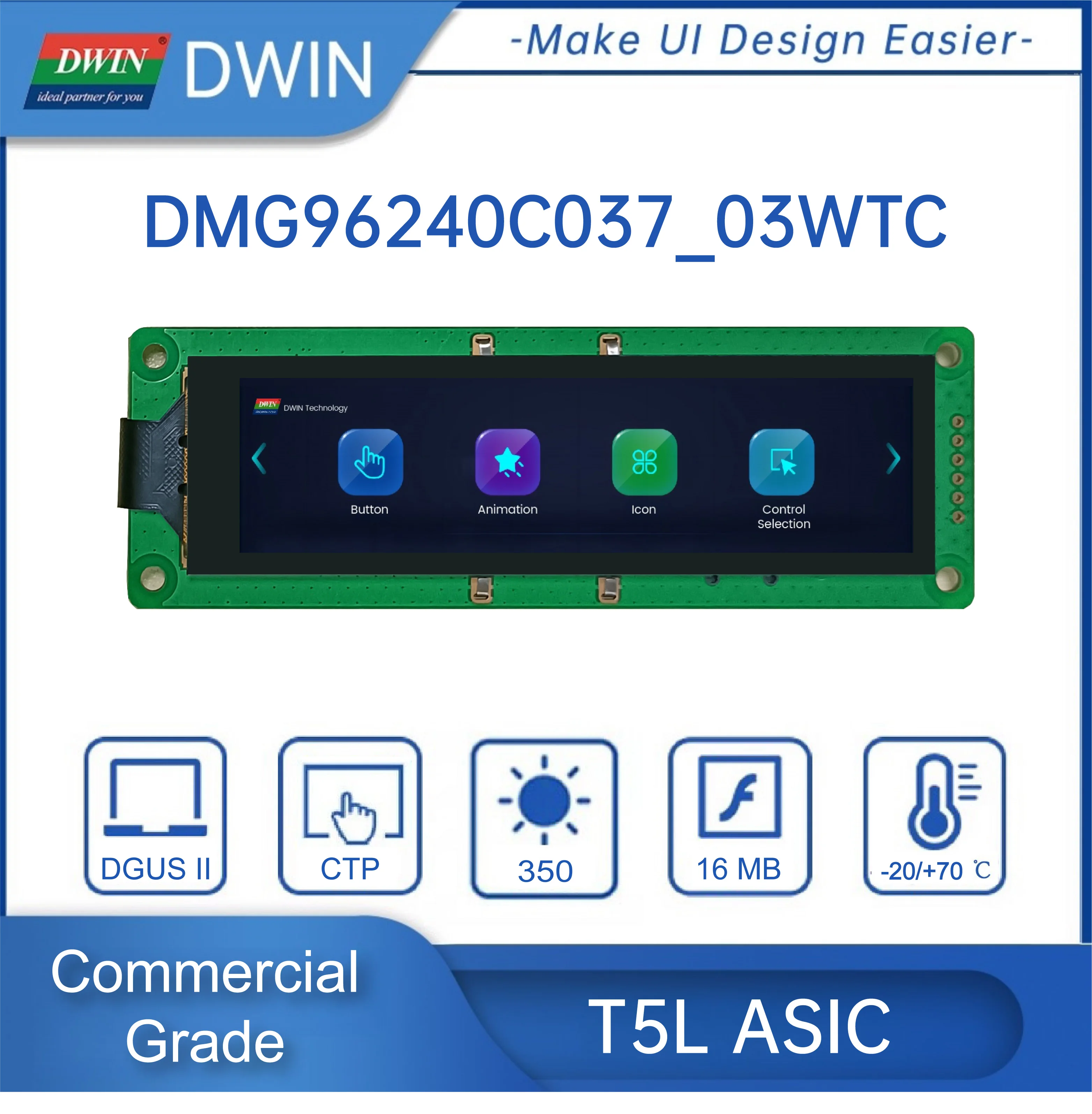 3,7-calowy pasek LCD 240*960 pikseli rozdzielczość 16,7 mln kolorów HMI IPS TFT wyświetlacz LCD moduły Lcd DMG96240C037_03W