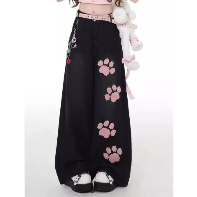 

Cat scratch embroidery sweet loose jeans women's summer 2025 new straight design high waist wide leg mopping pants