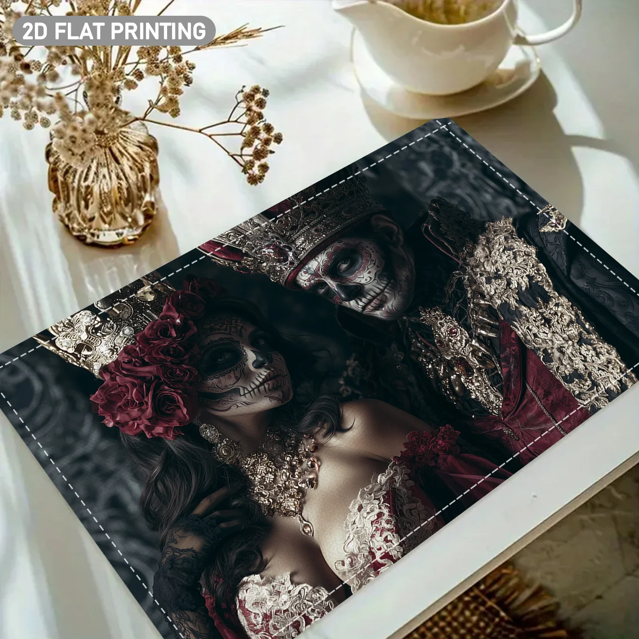 4pcs Halloween Placemat Set, Skull Flower Wreath Print, 2D Flat Mats for Kitchen Restaurant Daily Holiday Table Decor