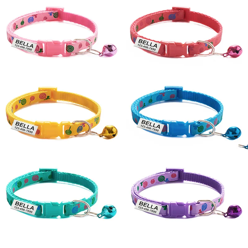 Anti-lost Engraved Cat Collar With Bell Lollipop Print Customize Name Id Tag Personalized Pet Products Accessory