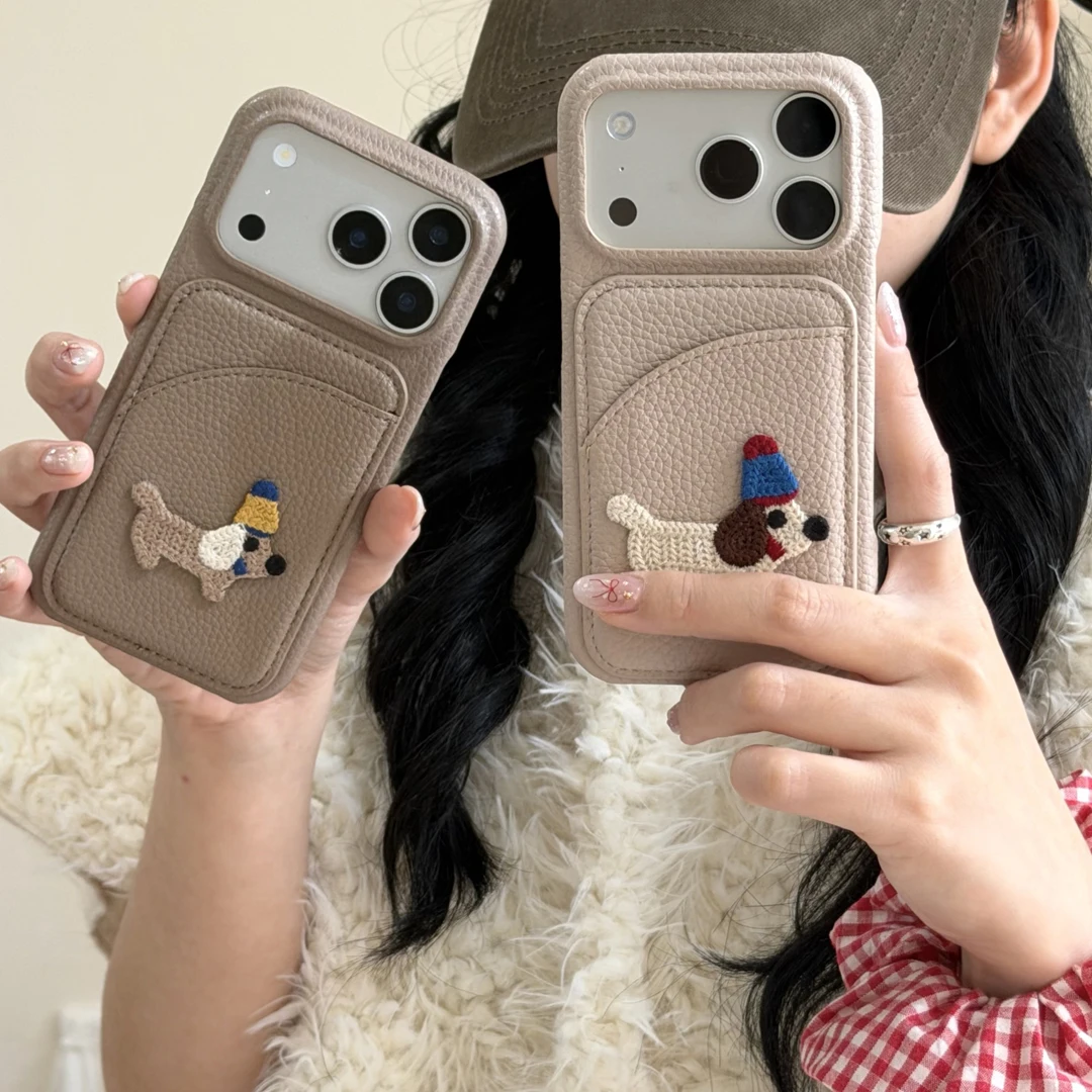 

Cute Cartoon Embroidered Puppy Dog Card Slot Pocket Wallet Leather Case For iPhone 11 12 13 14 15 16 17 Pro Max Plus Phone Cover