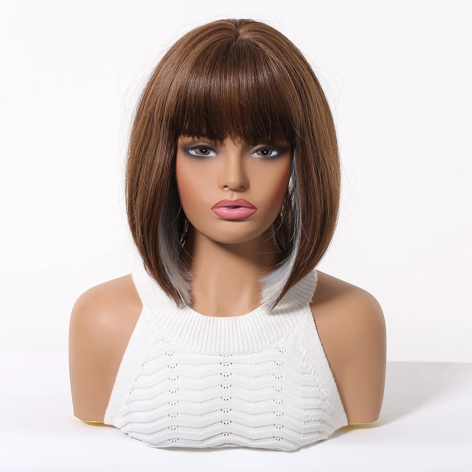 Blonde Unicorn Brown White Gray HIghlight Bob Wig with Bangs Heat Resistant Synthetic Hair for Women Fashion Daily Cosplay Use