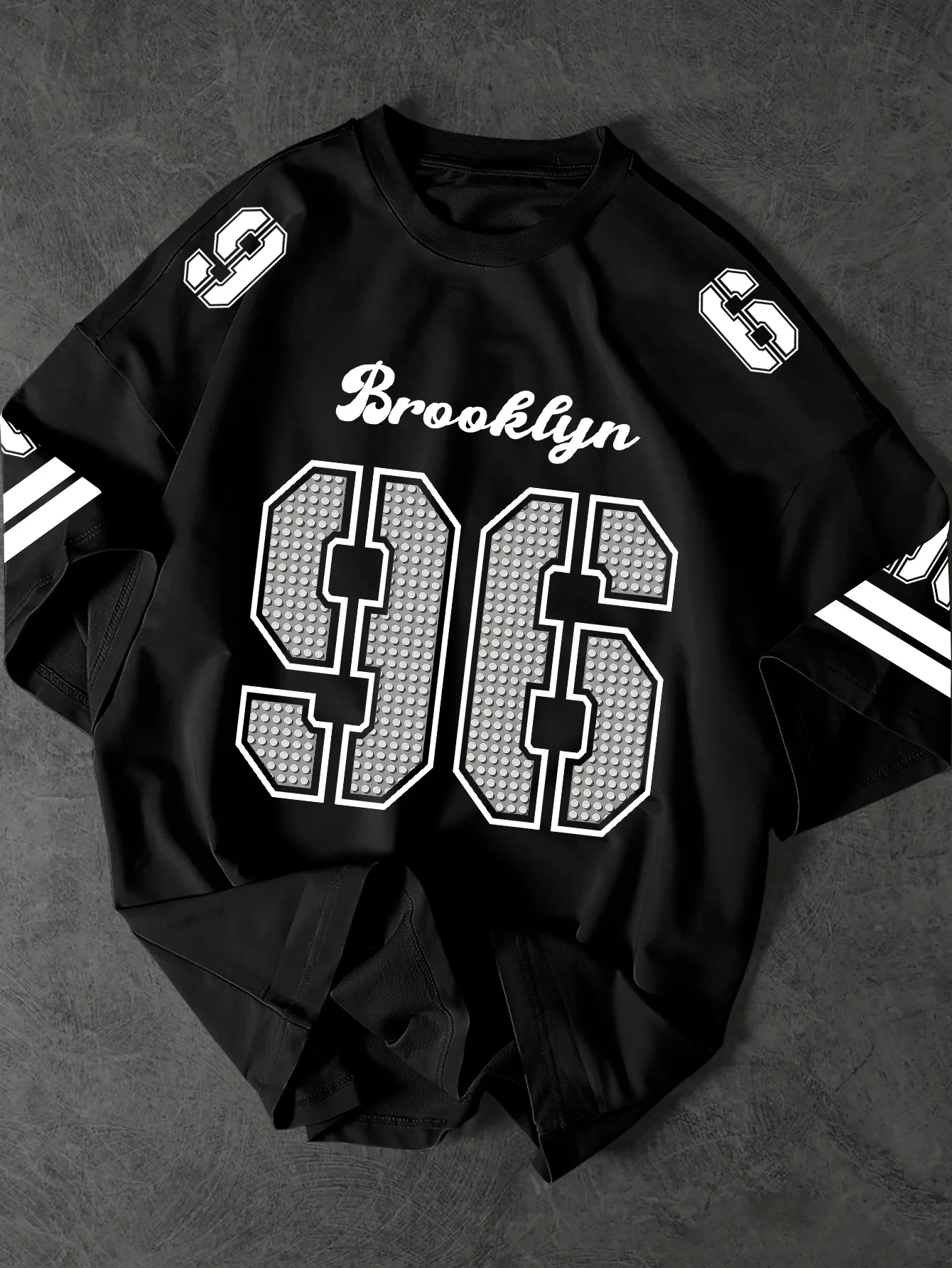 Men's Oversized T-Shirt With Brooklyn Cursive Texture 96 Number Sleeve Strip Pattern Print, S-XXL