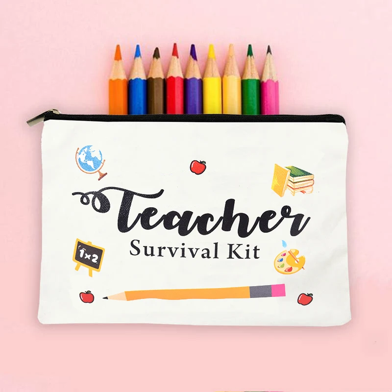 Teacher Survival Kit Pattern Makeup Bag Best Teacher Ever Floral Women Cosmetic Case Gift for Teacher Back To School Pencil Case