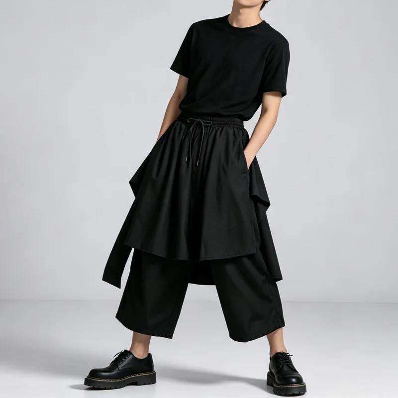 Men'S Casual Pants, Dark Style, Two-Piece Design, Wide-Leg, Loose Fit, High-Waisted, Cropped Length, 24046, Casual Pants for Men